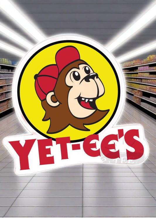 yetees, buc-ees parody sticker, yeti, sasquatch, bigfoot, funny